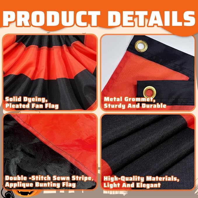 Halloween Bunting Flag 2 x 4 ft Fully Sewn Orange & Black 5 Stripe with 3 Grommets Pleated Half Fan Flag Bunting Banner Trick or Treat Halloween Decor Outside Porch Garden Outdoor Yard Indoor Home