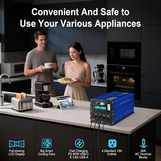 4000W Pure Sine Wave Inverter 24V DC to 110V 120V Power Inverter 7000W Surge Peak Power for 2S, FCC Approved, 4AC Outlets, Fast Charging USB, LCD Display, Wireless Remote for RV Off-Grid Solar Car