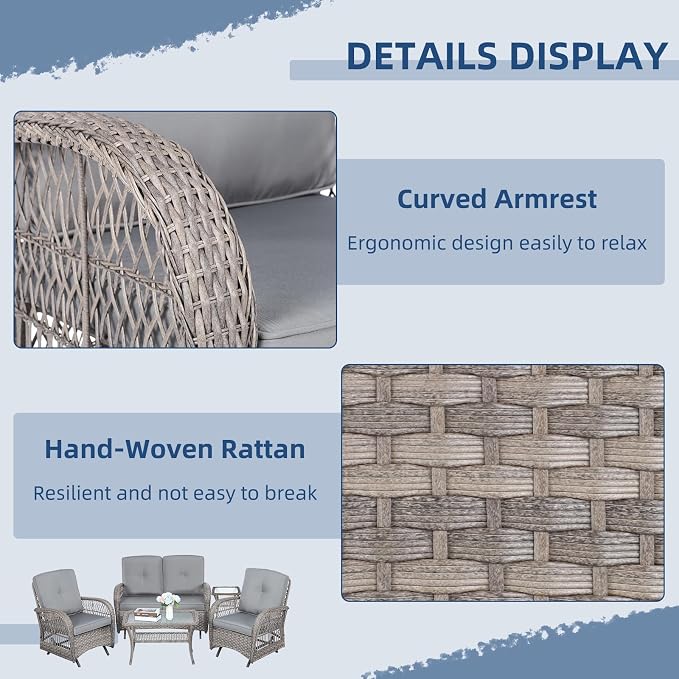 5-Piece Wicker Patio Furniture Sets Outdoor All-Weather Rattan Conversation Set Includes Glider Loveseat, 2 Glass-Top Coffee Tables, 2 Glider Rocker Chairs for Porch Backyard, Gray