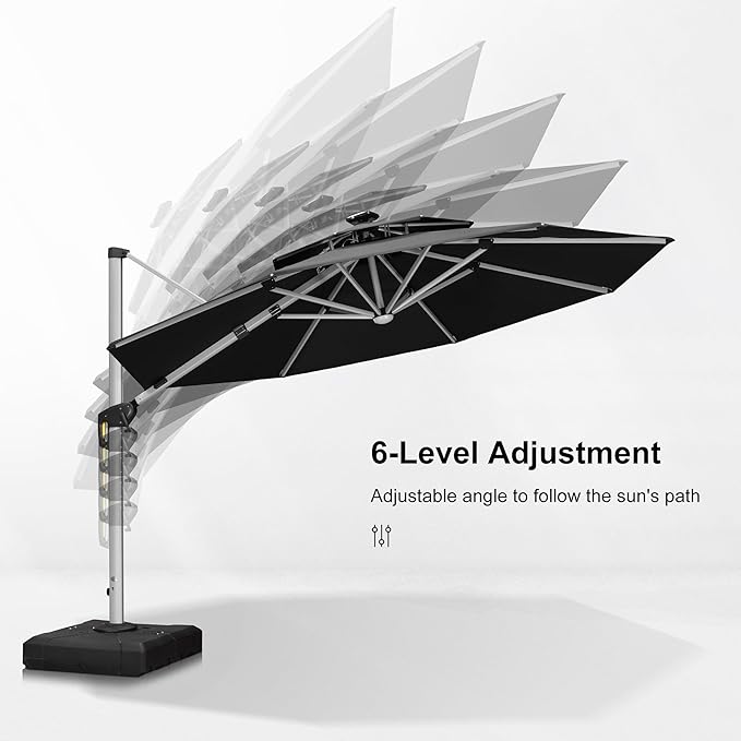 PURPLE LEAF 12ft Patio Umbrella With Base Solar powered LED Cantilever Umbrella with LED lights Windproof Outdoor Offset Umbrella for Garden Deck Pool Patio, Black