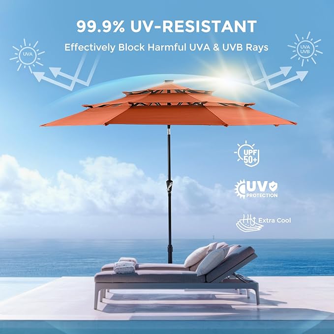 HOMSHADE 9FT 3-Tier Solar Patio Umbrella Heavy Duty,Vented Market Table Umbrella Windproof w/32 LED Lights,UPF50+,5-Year Fade Resistant,8 Thicker Ribs for Pool,Lawn,Garden,Deck (Orange,No Base)