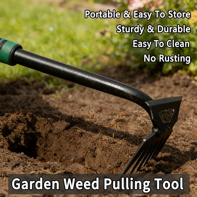 LINGYUE 3Pcs Weed Puller Tool - 6 Teeth Dual Purpose Weed Puller, Manganese Steel Uprooting Weeding Artifact for Yard Garden Farm (with Rubber Gloves)