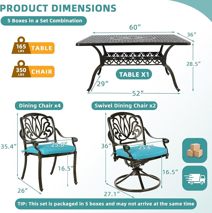 MEETWARM 7-Piece Outdoor Patio Dining Set, All-Weather Cast Aluminum Patio Conversation Set with 2 Swivel Rocker Chairs, 4 Stationary, 1 Rectangular Table, 6 Cushions, 2" Umbrella Hole, Ocean Blue