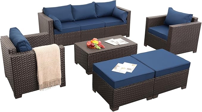 6 Pieces Patio Outdoor Furniture Conversation Sets Patio Wicker Sofa Set with Outdoor Couch Patio Chairs and Storage Table Non-Slip Cushions Waterproof Covers, Navy Blue