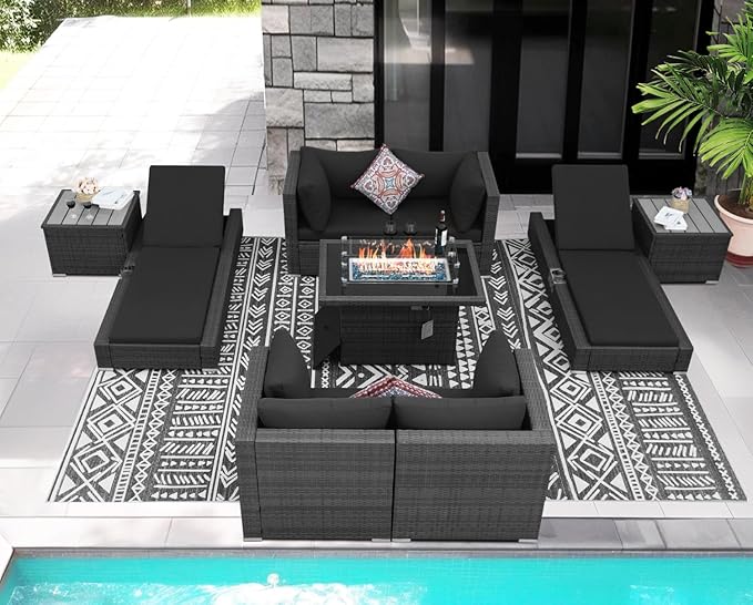 NICESOUL 9 Piece Patio Furniture Set with Firepit, Extra-Large Outdoor Sectional with Chaise Lounge, Comfy 29.3'' High-Back Backyard Seating, All-Weather Couch Set, Modular Sofa for Garden, Dark Grey