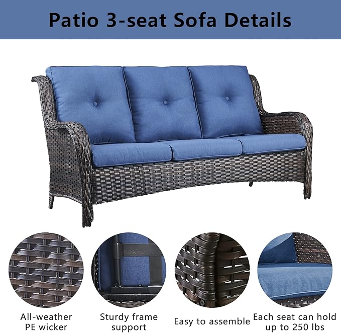 Belord Outdoor Furniture Wicker Conversation Sets - 7 Piece Patio Rattan Furniture Sets with Swivel Rocker Chairs Outdoor Sofa for Porch Deck Backyard Brown/Blue