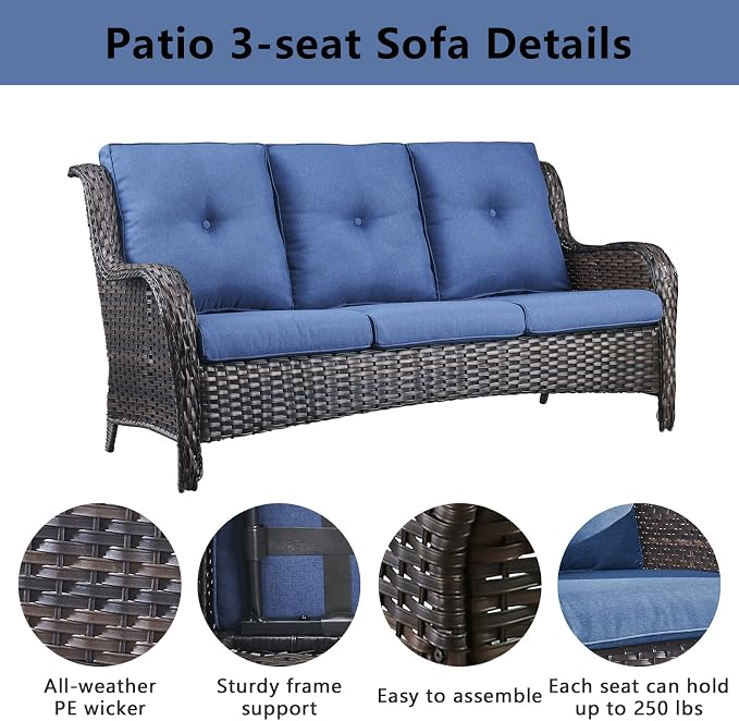 Belord 5 Piece Wicker Patio Furniture Set, Outdoor Swivel Rocker Chairs Set of 2 with Ottomans and 3 Seater Sofa, All Weather Patio Conversation Furniture Set, for Porch Pool, Brown Wicker/Blue