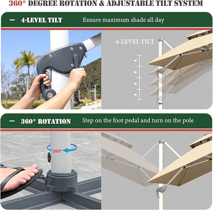 Cantilever Patio Umbrella with Cross Base and Cover Included - 360° Rotation Large Heavy Duty Offset Outdoor Umbrella with Easy Tilt for Pool Backyard Deck Garden (10x13 FT Khaki)