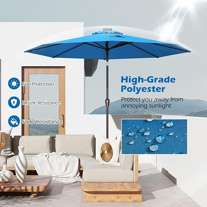 Giantex 9ft/10ft Outdoor Patio umbrella with Solar Lights, Table Market Umbrella with Crank and Push-button Tilt System, Solar LED Lighted Patio Umbrella for Backyard Deck Pool Beach