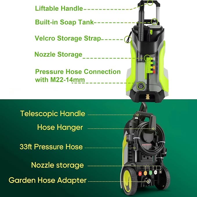 Electric Pressure Washer 5000PSI 4.0GPM Power Washers with M22-14mm Pressure Hose 33FT, Power Sprayers High Pressure with 1/4" QC Compatible Surface Cleaner for Home Cars Driveways, Green