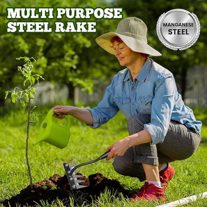 Garden Hand Rake Tool 2026 New 5/6/7/8 Teeth Carbon Steel Weeding Rake | Heavy-Duty Iron Head for Lawn, Flower Bed, Vegetable Garden & Yard Weed Removal (8-Tooth)