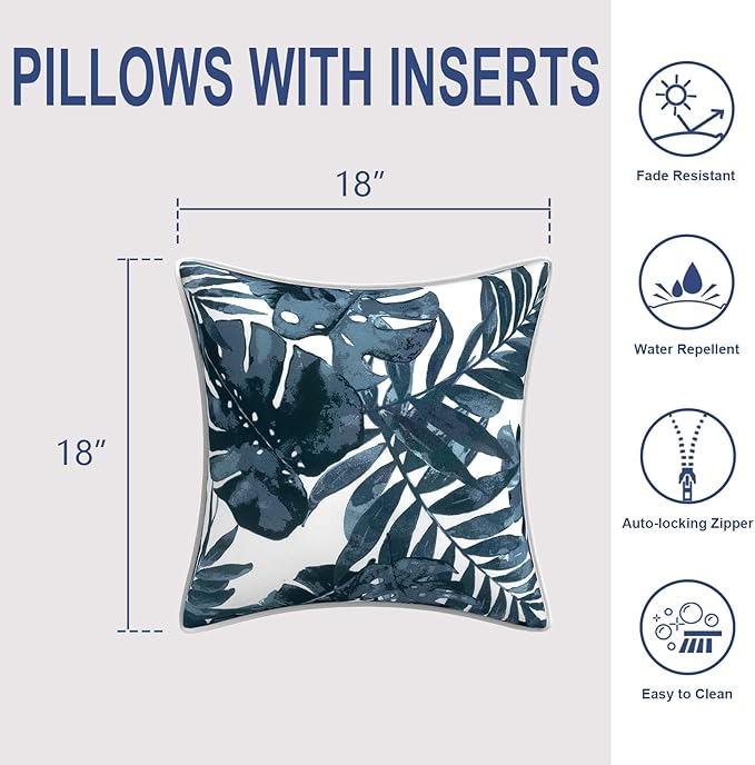 Outdoor Throw Pillows Inners, Fade Resistant Patio Furniture Square Pillows with Piping Set of 2 for Patio Furniture, 18x18 Inch, Palm Blue