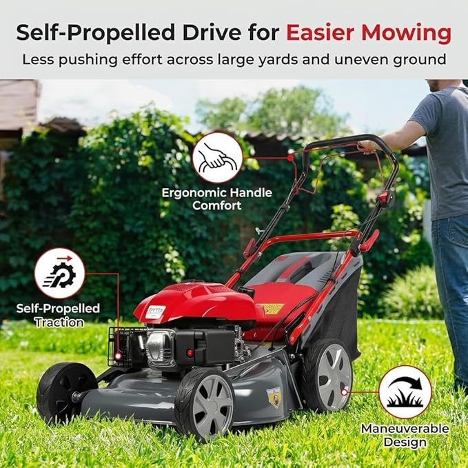 173cc Gas Lawn Mower, Self-Propelled Rear Wheel Drive, Adjustable 3-Speed Settings, 20" Cutting Width, 60L Grass Catcher, Ideal for Large Lawns, Easy Start & Efficient Grass Collect Red