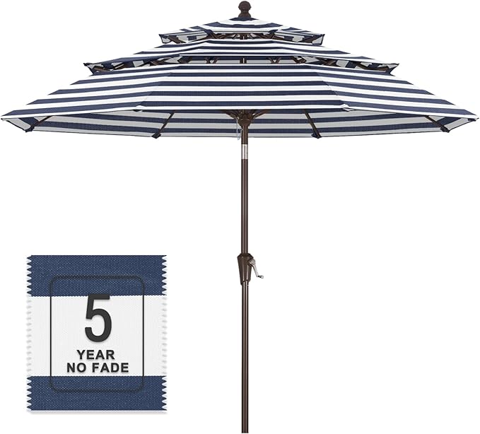 MASTERCANOPY 9ft 3-Tier Olefin Patio Umbrella with Tilt Crank, 5-Year-Non-Fading Canopy & 8 Fiberglass Ribs for Deck, Patio, and Garden, Navy Blue & White