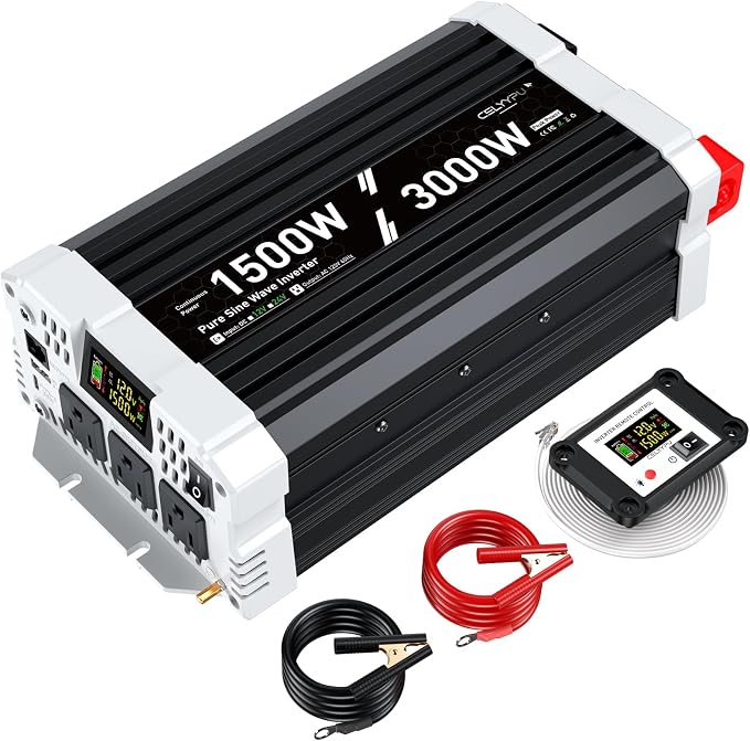 1500 watt Pure sine Wave Inverter, 12V DC to 110V AC Power Inverter, with 3 AC Output sockets, USB Port, Type-C Port, Remote Control with LCD Screen, Used for Solar Emergency Power Supply in RV Homes