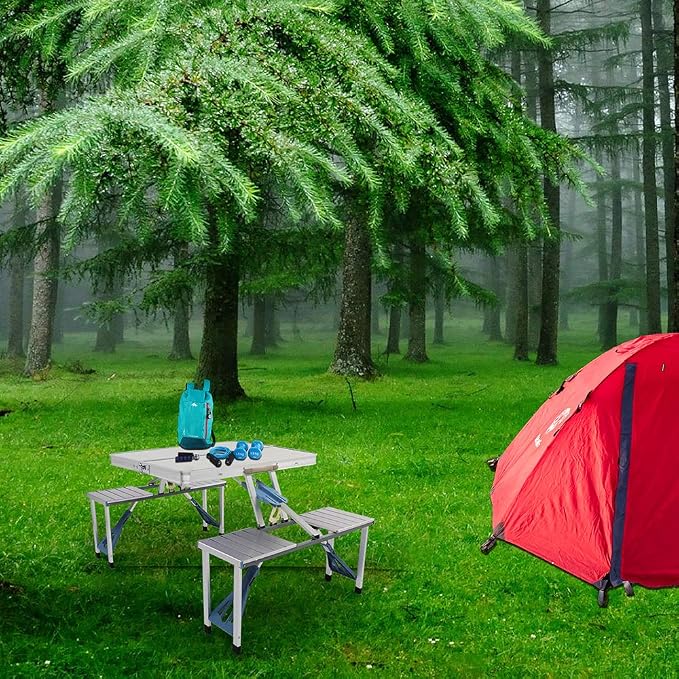 Foldable Picnic Table Suitcase with 4 Seats Umbrella Hole Chairs Set for Travel Camping Outdoor Silver