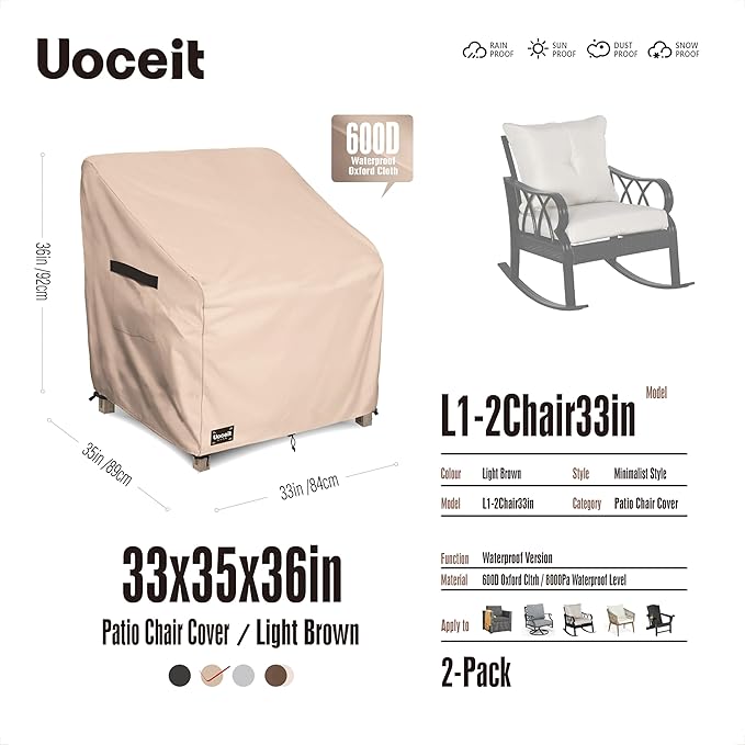 Outdoor Chair Covers 2 Pack,33"Wx35"Dx36"H inches100% Waterproof Heavy Duty Patio Furniture Cover,Outdoor Furniture Covers Waterproof for Light Brown Minimalist Style Patio Chair Covers.
