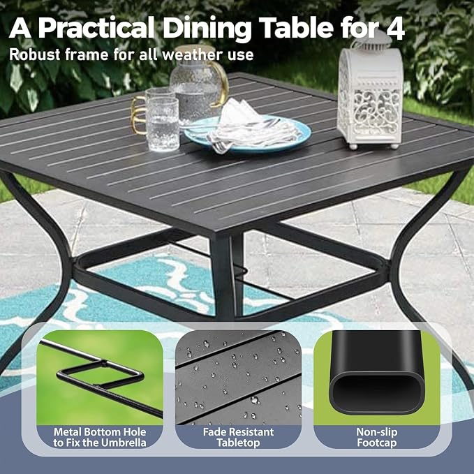SUNSHINE VALLEY 5 Piece Patio Dining Set for 4, 37”x37” Square Table with Umbrella Hole and 4 Metal Blue Chairs, Outdoor Table and Chairs Set for Lawn Backyard and Deck