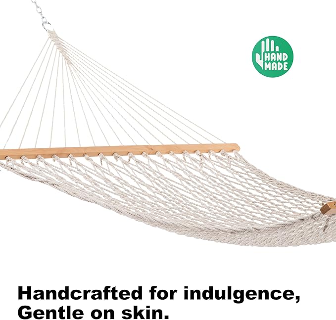12ft Double Hammocks for Outside, Handwoven Traditional Cotton Rope Hammock with Hardwood Spreader Bar, Chains and Hooks for Indoor Outdoor, Max 450 lbs Capacity(Natural Beige, Medium)