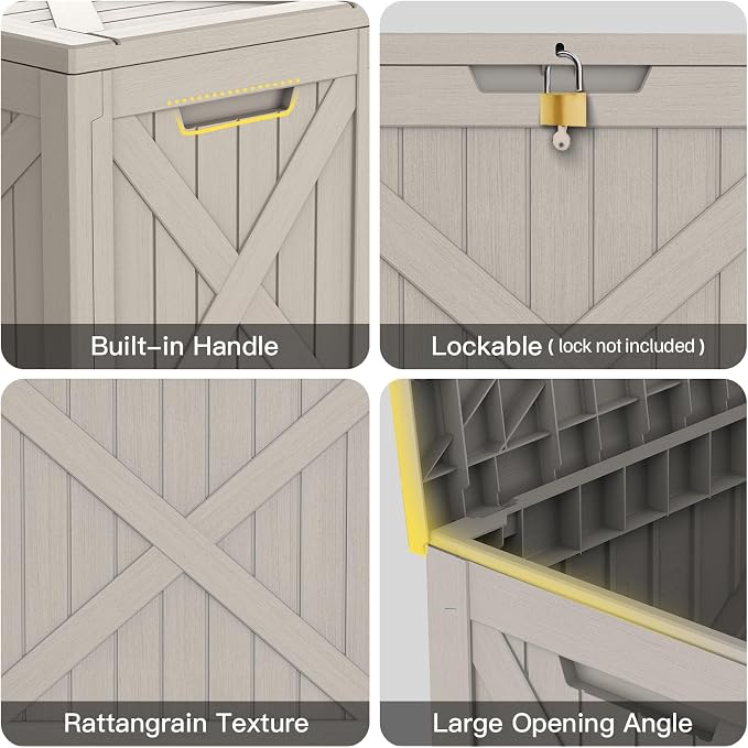 Mars Villa 31 Gallon Barn Style Deck Box, Outdoor Storage Box Waterproof, Lockable Lid, Weatherproof and UV Resistant Resin Storage Bin for Patio Furniture Cushion, Pool Supply, Garden Tool, Grey