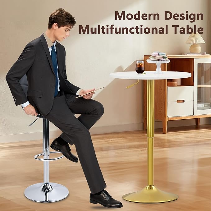 CLATINA Round Bar Pub Tables Set of 6, 26"-36" Height Adjustable Bistro Table with Gold Base, 360° Swivel High Top Cocktail Table for Home Kitchen Party Drink Restaurant Wedding Cafe Reception, White