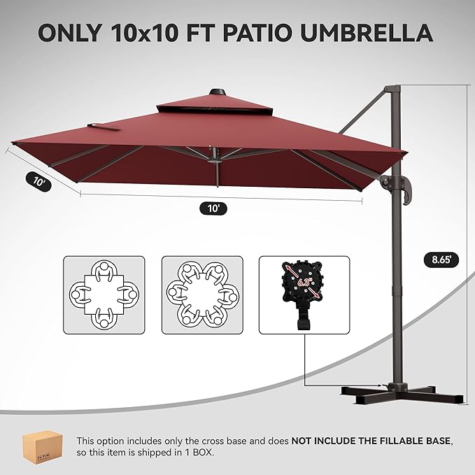 GENTEACO 10X10 FT Cantilever Umbrella, Large Offset Patio Umbrella with Double Top, 6 Angle Tilts & 360° Rotation, Large Square Sun Umbrellas for Outdoor Patio Pool Deck Market, Red