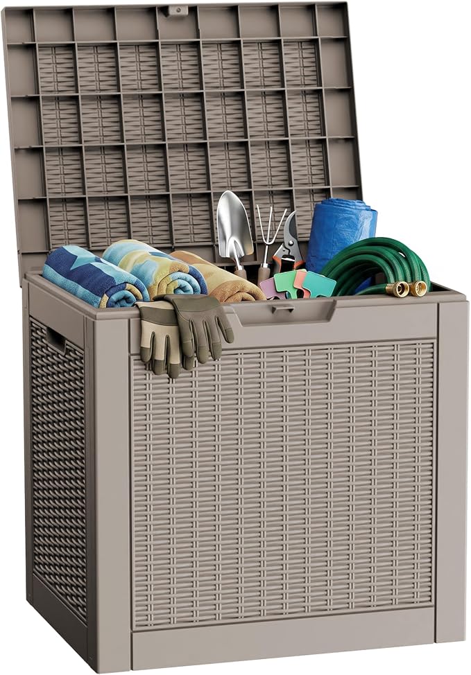 PatioZen 37 Gallon Deck Box,Waterproof Resin Outdoor Storage Boxes, Outside Storage Lockable Container for Garden Tools,Indooor Cushions,Accessories (Grey)