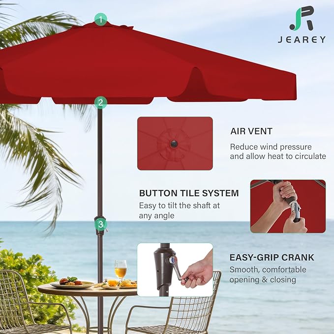 JEAREY 9 FT Patio Umbrella Outdoor, Table Umbrellas Market Umbrella w/Push Button Tilt/Crank, 8 Sturdy Ribs(Red)