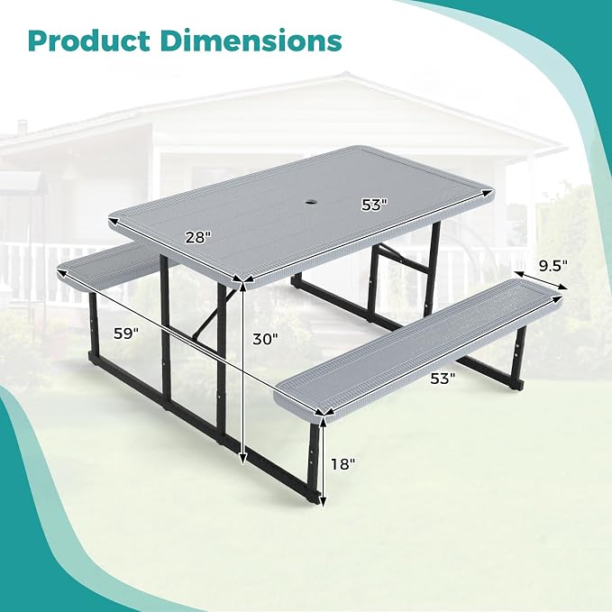 LDAILY Picnic Tables with Benches, Rectangular Dining Table Set for Outside 4 People, HDPE Tabletop, Metal Frame, Umbrella Hole, Heavy Duty Picnic Table for Outdoors, Patio, Lawn, Commercial (Gray)