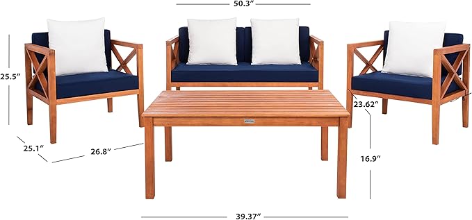 Safavieh PAT7031A Collection Nunzio Teak and White and Navy 4 Pc Accent Pillows Outdoor Set