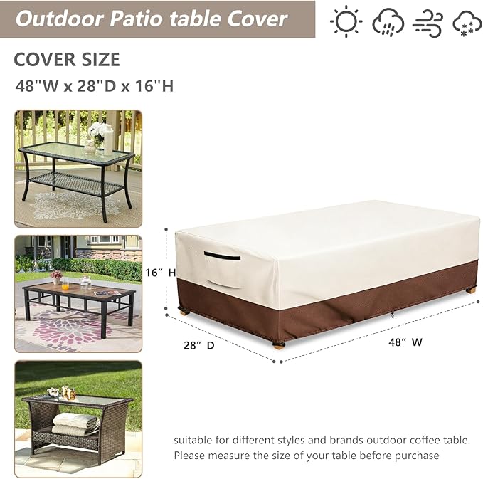 Waterproof Patio Coffee Table Cover, Rectangular Outdoor Small Side Table Cover - Fits up to 48L x 28W x 16H inches, Beige ﻿
