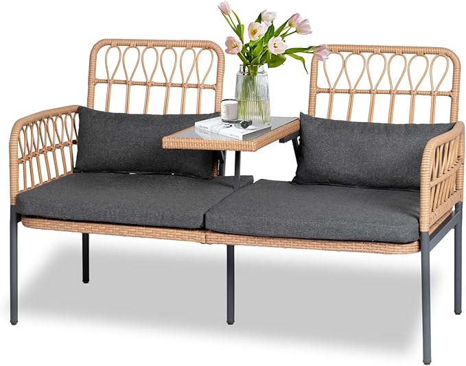 Outdoor Loveseat 2 Pieces Patio Furniture Set, Porch Furniture Wicker Large Loveseats, Patio Conversation Sets with Cushions & Lumbar Pillows and Built-in Table