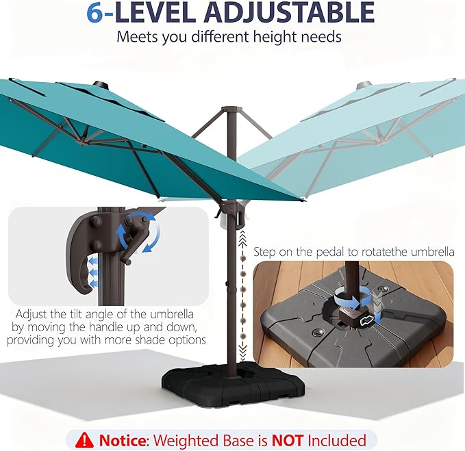 9' X 12' Cantilever Patio Umbrella Rectangle Outdoor Umbrella, 6-Level Tilt & 360° Rotation Offset Umbrella for Garden, Deck, Pool (Turquoise)