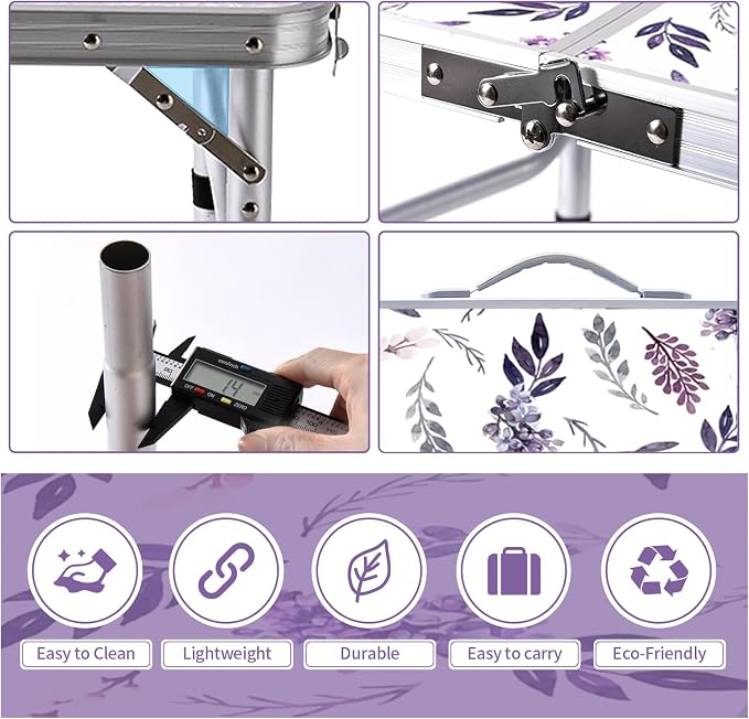 Yriuat Folding Camping Table 3ft Portable Picnic Table Adjustable Height Small Card Table Aluminum Foldable Lightweight with Carry Handle for Outdoor Indoor Hiking Camp BBQ Beach (Misty Lilac)