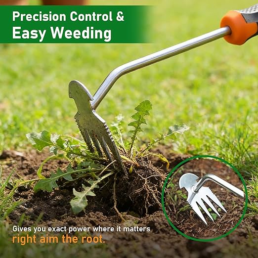 Manual Weed Puller Tool, 4 Teeth Heavy-Duty Manganese Steel Weeding Tool, Rust-Proof Stainless Steel Garden Weeder, Ergonomic Handle Portable Weed Remover for Lawn, Farm, Vegetable & Flower Gardening