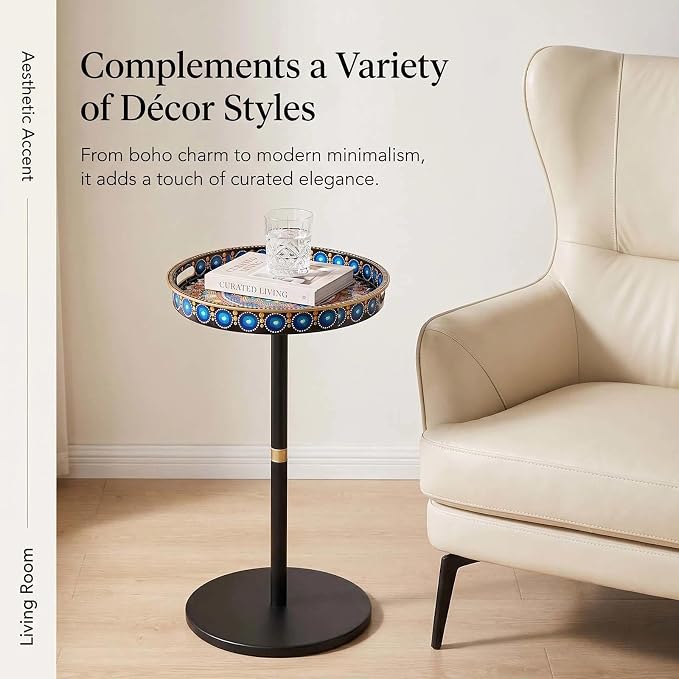 Gesodant Boho Single Leg Round Side Table with Tray Top, Pedestal Drink Table for Small Spaces, Aesthetic Accent Nightstand for Living Room, Bedroom, Corners, and Office (Peacock)