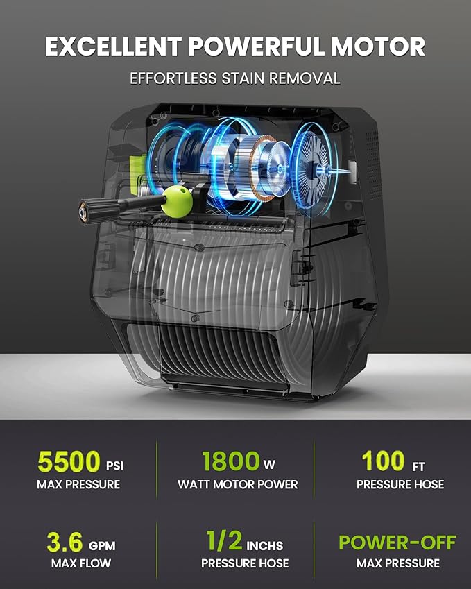 Wall Mounted 𝐌𝐀𝐗 𝟓𝟓𝟎𝟎𝐏𝐒𝐈 𝐏𝐫𝐞𝐬𝐬𝐮𝐫𝐞 𝐖𝐚𝐬𝐡𝐞𝐫,4 Nozzle Tips,5 Levers 3.6GPM Power Washer,100FT Hose,Automatic Rewind,5 Nozzles for Car Clean Machine/Car/Driveway/Patio Clean,Black