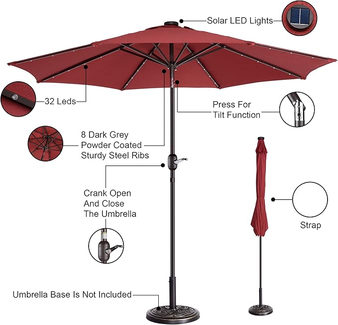 Pure Garden Villacera 9-Foot LED Outdoor Patio Umbrella with Solar Lights with Base, Red