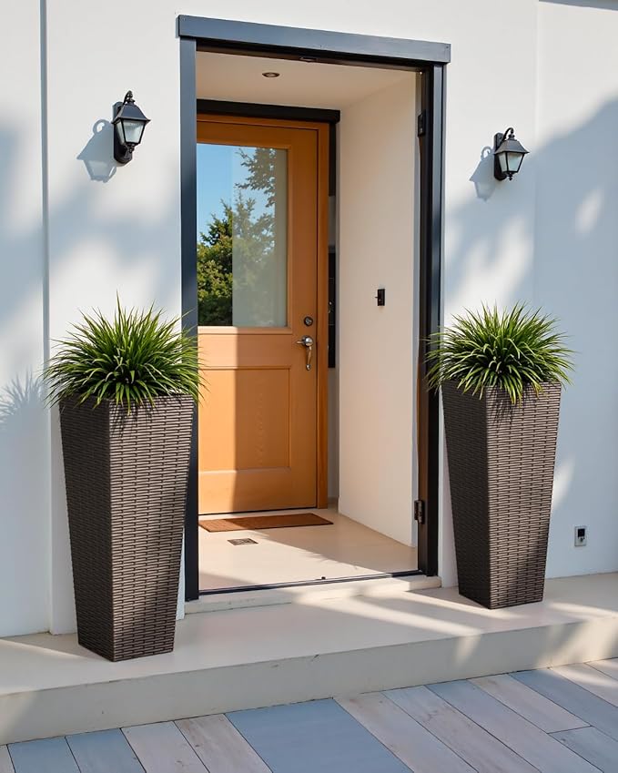 32 Inch Tall Plastic Planters(Set of 2), Detachable Inner Pot & Drainage Holes, Outdoor Decorative Flower Pots for Large Plants, Trees, Patio, and Garden, Brown