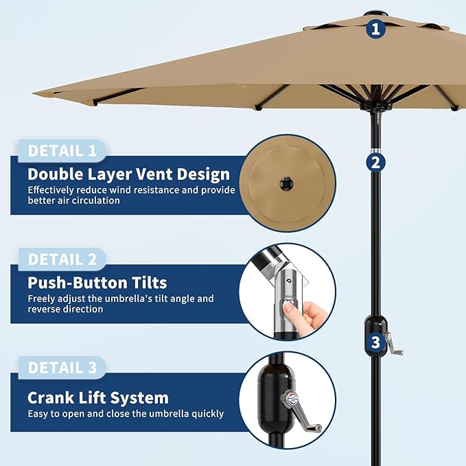 CABIHOME 10 ft Outdoor Patio Umbrella, Outdoor Table Umbrella with 8 Sturdy Ribs | Crank Lift & Push Button Tilt, Yard Umbrella, Market Umbrella for Garden Pool Deck Yard