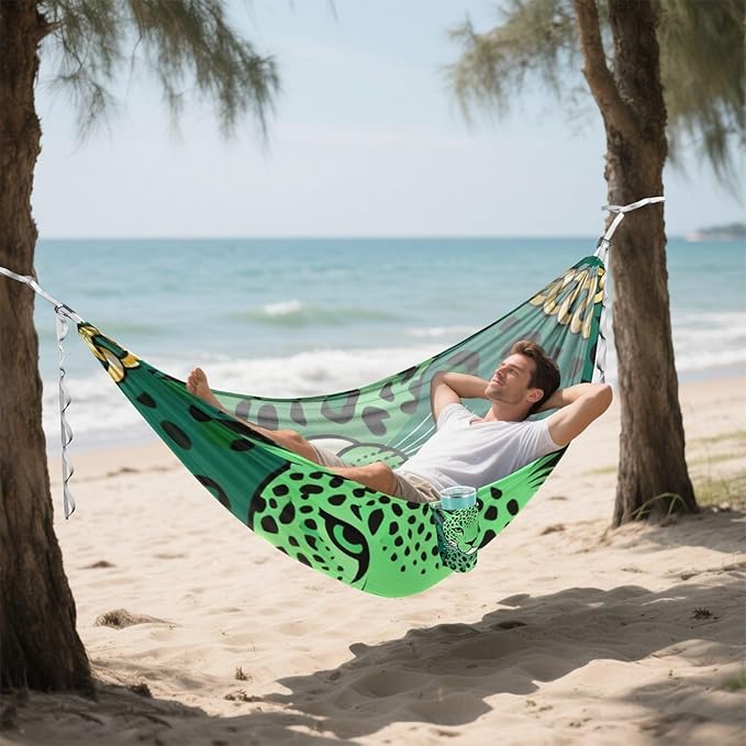 Green Leopard Portrait Outdoor Hammocks Swing Hammock for Patio Backyard Lounge Base