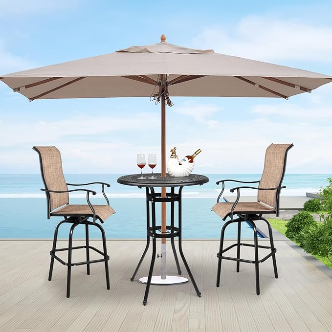 VINGLI 32" Outdoor Bar Table - Patio Bar Height with Umbrella Hole, Cast Aluminum Tall Outdoor Bistro Table for Balcony (Black)