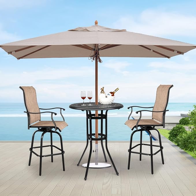 32" Outdoor Bar Table Bar Height Patio Table with 2" Umbrella Hole, Outdoor Cast Aluminum Tall Conversation Tables for Backyard, Garden, Patio, Porch (Black)