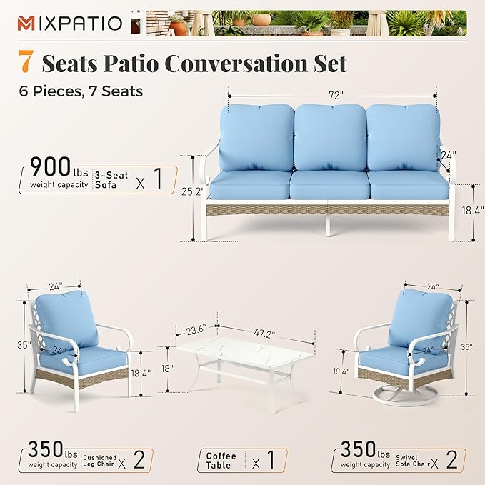 6 Piece Patio Furniture Set, 4 x Fixed Chair, 1 x 3-Seat Sofa with Marbling Coffee Table, All Cushioned 7 Seats Outdoor Conversation Set for Lawn Garden Backyard, Blue