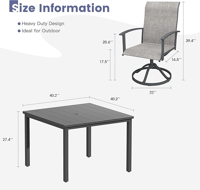 VICLLAX 5 Pieces Patio Dining Set, Patio Furniture Set of Metal Outdoor Table with Umbrella Hole and 4 Swivel Patio Chairs for Backyard Lawn, Grey & Dark Grey