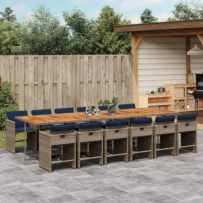 13 Piece Patio Dining Set with Cushions Gray Poly Rattan Outdoor Table Chairs for Garden Backyard Porch Entertaining Foldable Storage Space Saving Acacia Wood Comfortable heavy-duty Set of 13