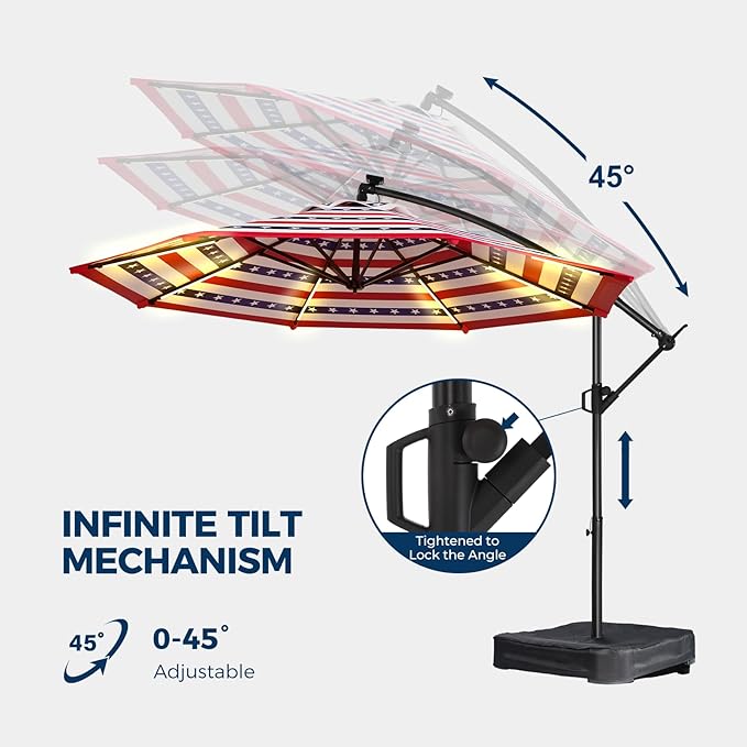 HOMSHADE 10 ft Offset Patio Umbrella with Solar Lights, LED Lighted Umbrella Outdoor Patio with Base Included, American Flag Umbrellas for Patriotic Decorations, Stars and Stripes Style