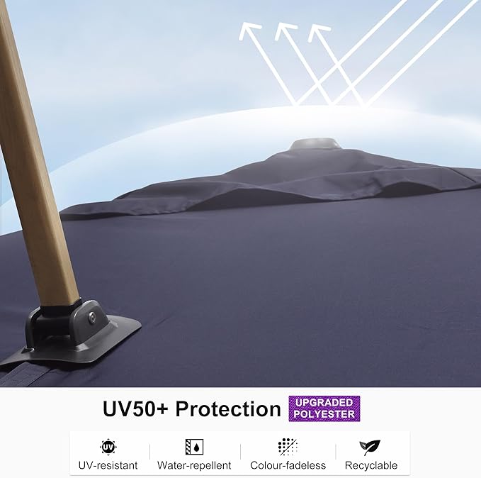 PURPLE LEAF 10‘ x 13’ Rectangle Patio Cantilever Umbrella Large Hanging Umbrella Teak Finished Aluminum Frame Windproof Offset Outdoor Sun Umbrellas for Beach Pool Deck, Navy Blue