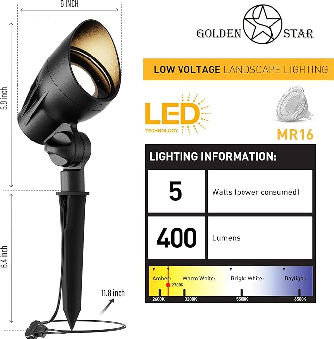 GOLDEN STAR Low Voltage Landscape Lights - 5W 400LM High-Intensity Spotlights, 12V AC Cast Aluminum Flood Lights, 2700K Warm White, Replaceable MR16 LED Bulb, with Corrosion-Proof Stakes