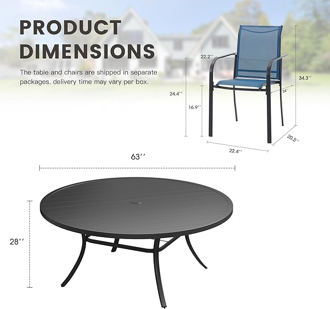 11 Pieces Outdoor Dining Set, Stackable Textilene Paito Chairs & 63" Round Dining Table with Umbrella Hole, Patio Dining Set for Backyard, Deck, Garden, Dark Blue & Black